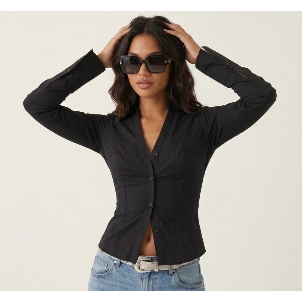 Princess Polly Zifa Black Corset Style Button Down Long Sleeve Blouse US 4